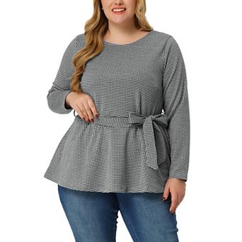 Women's Plus Size Work Formal Long Sleeve Houndstooth Tie Waist Blouse
