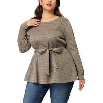 Women's Plus Size Work Formal Long Sleeve Houndstooth Tie Waist Blouse