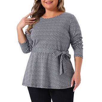 Women's Plus Size Work Formal Long Sleeve Houndstooth Tie Waist Blouse