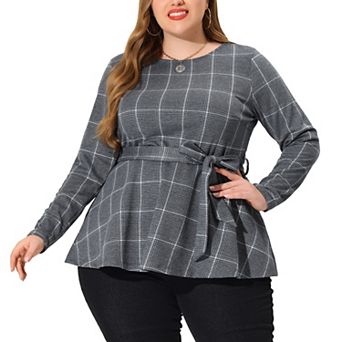 Women's Plus Size Work Formal Long Sleeve Houndstooth Tie Waist Blouse