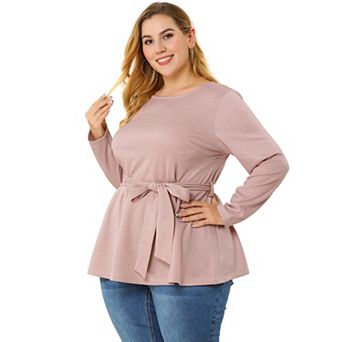 Women's Plus Size Work Formal Long Sleeve Houndstooth Tie Waist Blouse