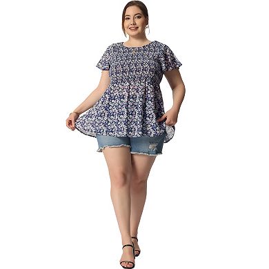 Women's Plus Chiffon Blouses Flare Sleeve Smock Round Neck Ditsy Floral Peplum Tops