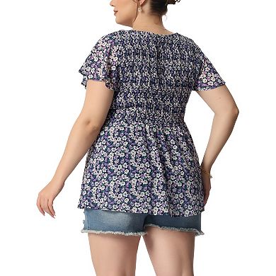 Women's Plus Chiffon Blouses Flare Sleeve Smock Round Neck Ditsy Floral Peplum Tops