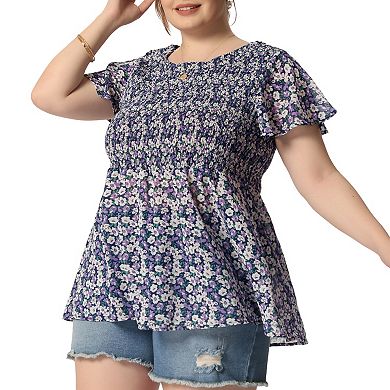 Women's Plus Chiffon Blouses Flare Sleeve Smock Waist Round Neck Ditsy Floral Peplum Tops