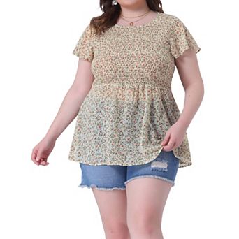 Women's Plus Chiffon Blouses Flare Sleeve Smock Round Neck Ditsy Floral Peplum Tops