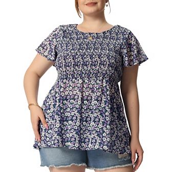 Women's Plus Chiffon Blouses Flare Sleeve Smock Round Neck Ditsy Floral Peplum Tops