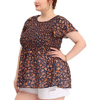 Women's Plus Chiffon Blouses Flare Sleeve Smock Round Neck Ditsy Floral Peplum Tops