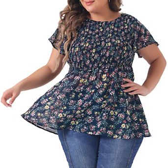 Women's Plus Chiffon Blouses Flare Sleeve Smock Round Neck Ditsy Floral Peplum Tops