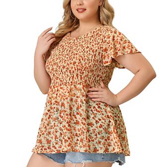 Women's Plus Chiffon Blouses Flare Sleeve Smock Round Neck Ditsy Floral Peplum Tops