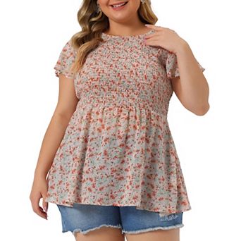 Women's Plus Chiffon Blouses Flare Sleeve Smock Round Neck Ditsy Floral Peplum Tops
