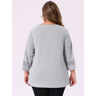 Women's Plus Size Plain Cut-Out Gathered Patchwork Long Sleeve T-Shirt