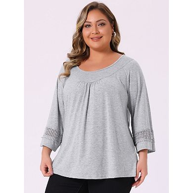 Women's Plus Size Plain Cut-Out Gathered Patchwork Long Sleeve T-Shirt