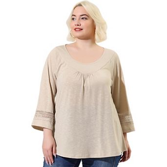 Women's Plus Size Plain Cut-Out Gathered Patchwork Long Sleeve T-Shirt
