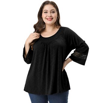 Women's Plus Size Plain Cut-Out Gathered Patchwork Long Sleeve T-Shirt