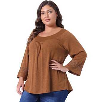 Women's Plus Size Plain Cut-Out Gathered Patchwork Long Sleeve T-Shirt