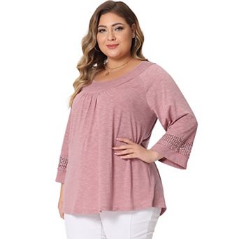 Women's Plus Size Plain Cut-Out Gathered Patchwork Long Sleeve T-Shirt