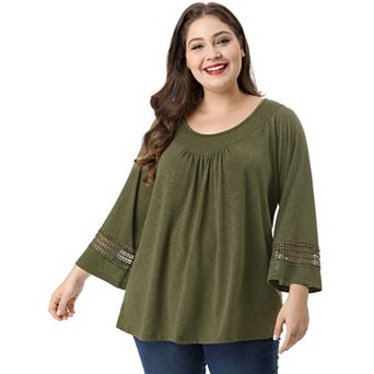 Women's Plus Size Plain Cut-Out Gathered Patchwork Long Sleeve T-Shirt