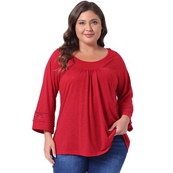 Women's Plus Size Plain Cut-Out Gathered Patchwork Long Sleeve T-Shirt