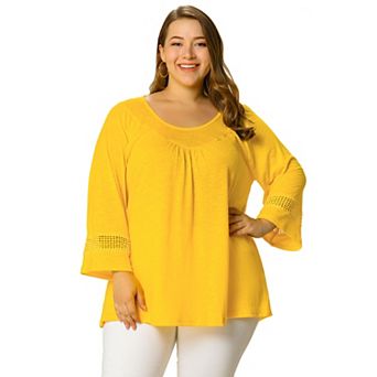 Women's Plus Size Plain Cut-Out Gathered Patchwork Long Sleeve T-Shirt