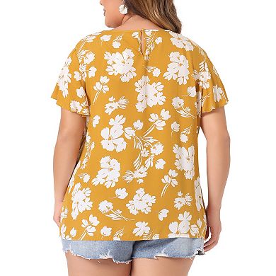 Women's Plus Size Bold Print Floral Lace Panel Keyhole Back Top