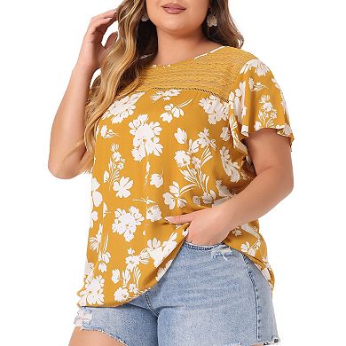 Women's Plus Size Bold Print Floral Lace Panel Keyhole Back Top