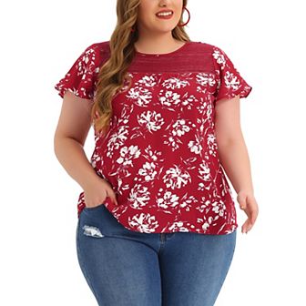 Women's Plus Size Bold Print Floral Lace Panel Keyhole Back Top
