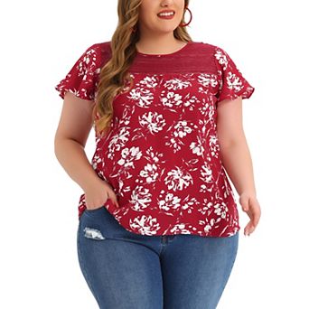 Women's Plus Size Bold Print Floral Lace Panel Keyhole Back Top