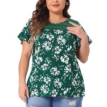 Women's Plus Size Bold Print Floral Lace Panel Keyhole Back Top
