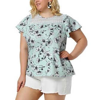 Women's Plus Size Bold Print Floral Lace Panel Keyhole Back Top