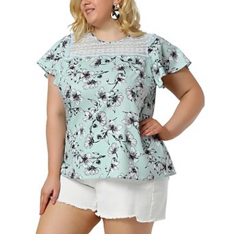 Women's Plus Size Bold Print Floral Lace Panel Keyhole Back Top