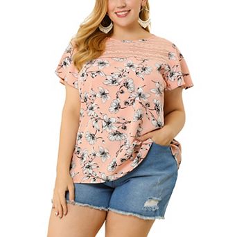 Women's Plus Size Bold Print Floral Lace Panel Keyhole Back Top