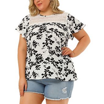 Women's Plus Size Bold Print Floral Lace Panel Keyhole Back Top