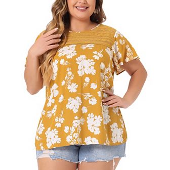 Women's Plus Size Bold Print Floral Lace Panel Keyhole Back Top