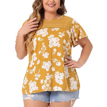 Women's Plus Size Bold Print Floral Lace Panel Keyhole Back Top