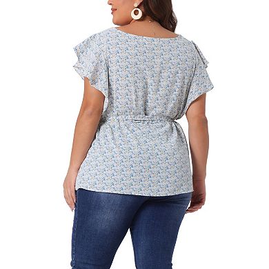 Women's Plus Blouse Floral Tie Waist Flare Sleeve Top