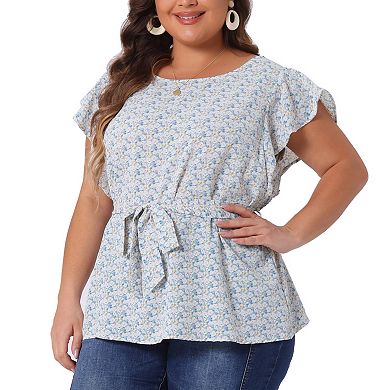 Women's Plus Blouse Floral Tie Waist Flare Sleeve Top