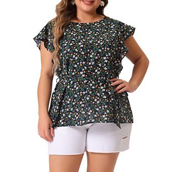 Women's Plus Blouse Floral Tie Waist Flare Sleeve Top