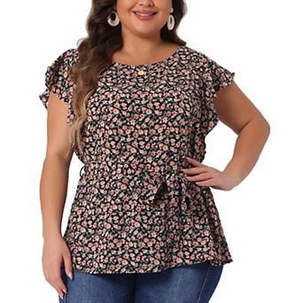 Women's Plus Blouse Floral Tie Waist Flare Sleeve Top