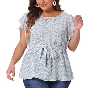 Women's Plus Blouse Floral Tie Waist Flare Sleeve Top