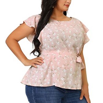 Women's Plus Blouse Floral Tie Waist Flare Sleeve Top