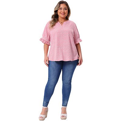 Plus Size Summer Top for Women Ruffle Short Sleeve V Neck Pin Dots