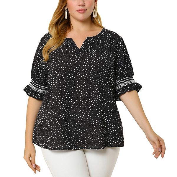 Women's Plus Summer Pin Dots Ruffle Short Sleeve V Neck Blouses