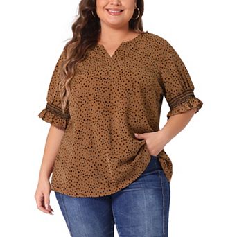 Plus Size Summer Top for Women Ruffle Short Sleeve V Neck Pin Dots Blouses