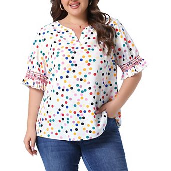 Plus Size Summer Top for Women Ruffle Short Sleeve V Neck Pin Dots Blouses