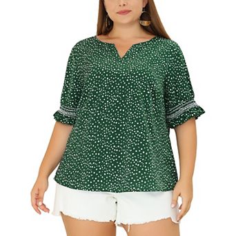 Plus Size Summer Top for Women Ruffle Short Sleeve V Neck Pin Dots Blouses