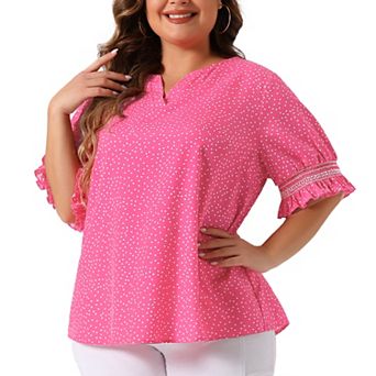 Plus Size Summer Top for Women Ruffle Short Sleeve V Neck Pin Dots Blouses