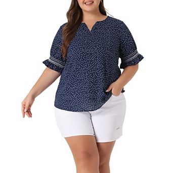 Plus Size Summer Top for Women Ruffle Short Sleeve V Neck Pin Dots Blouses