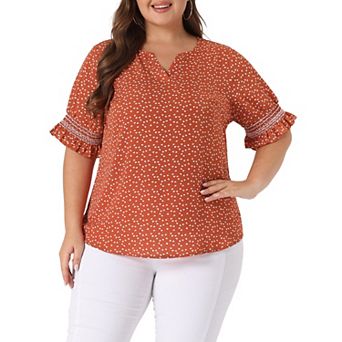 Plus Size Summer Top for Women Ruffle Short Sleeve V Neck Pin Dots Blouses
