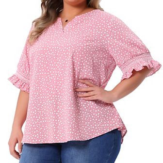 Plus Size Summer Top for Women Ruffle Short Sleeve V Neck Pin Dots Blouses