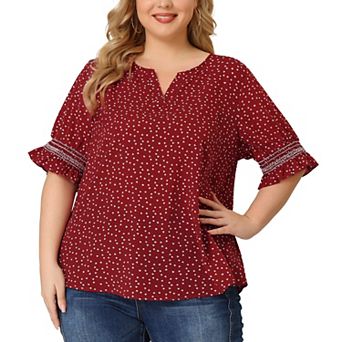 Plus Size Summer Top for Women Ruffle Short Sleeve V Neck Pin Dots Blouses